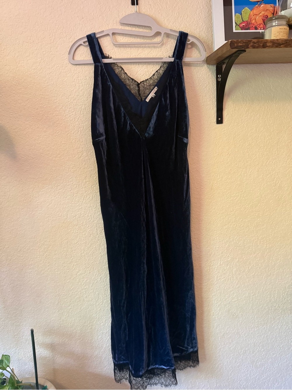 Velvet Lace-Trim Midi Slip Dress in Navy